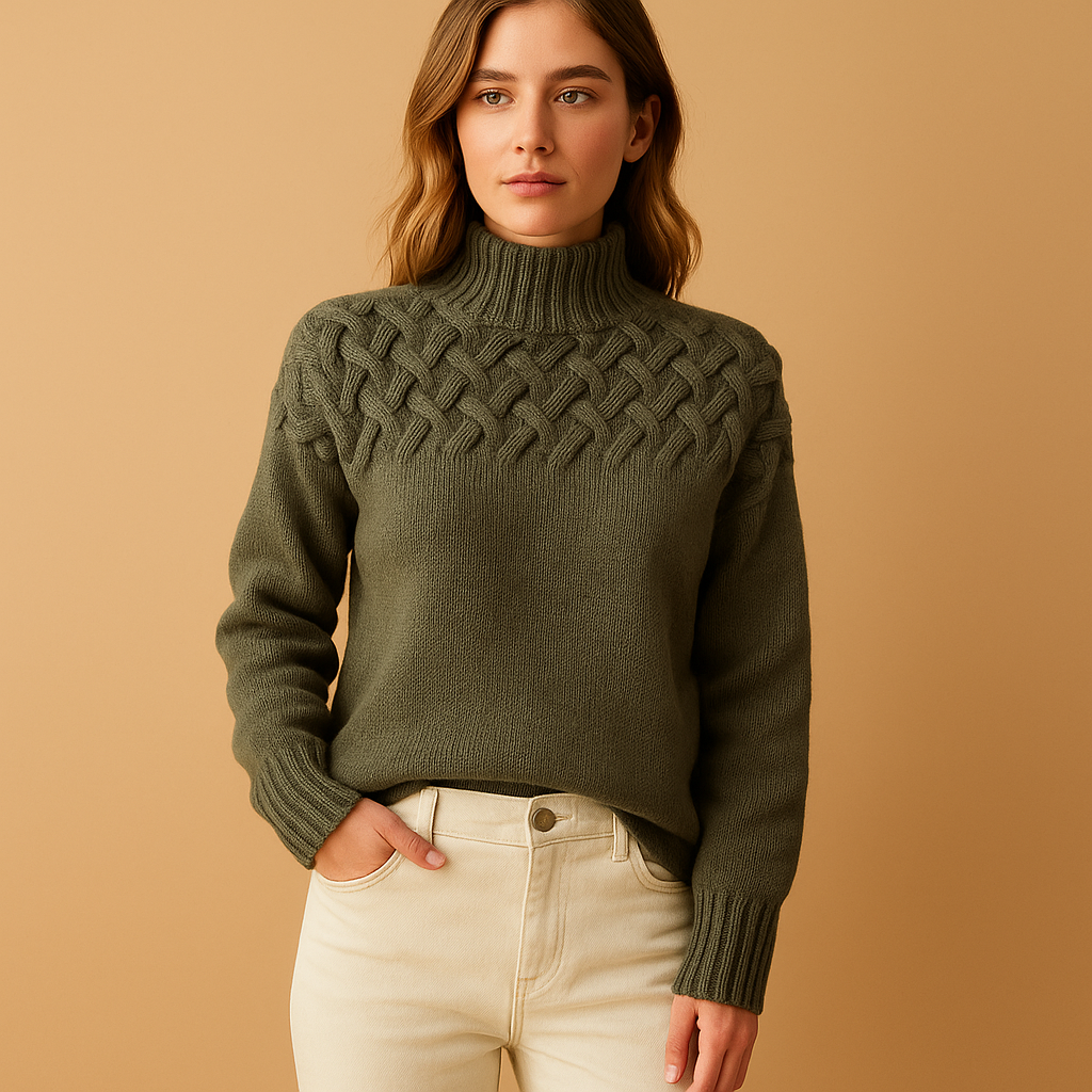 Women’s long knitted turtleneck sweater with flattering fit and soft cozy design, perfect for casual or elegant autumn and winter outfits.