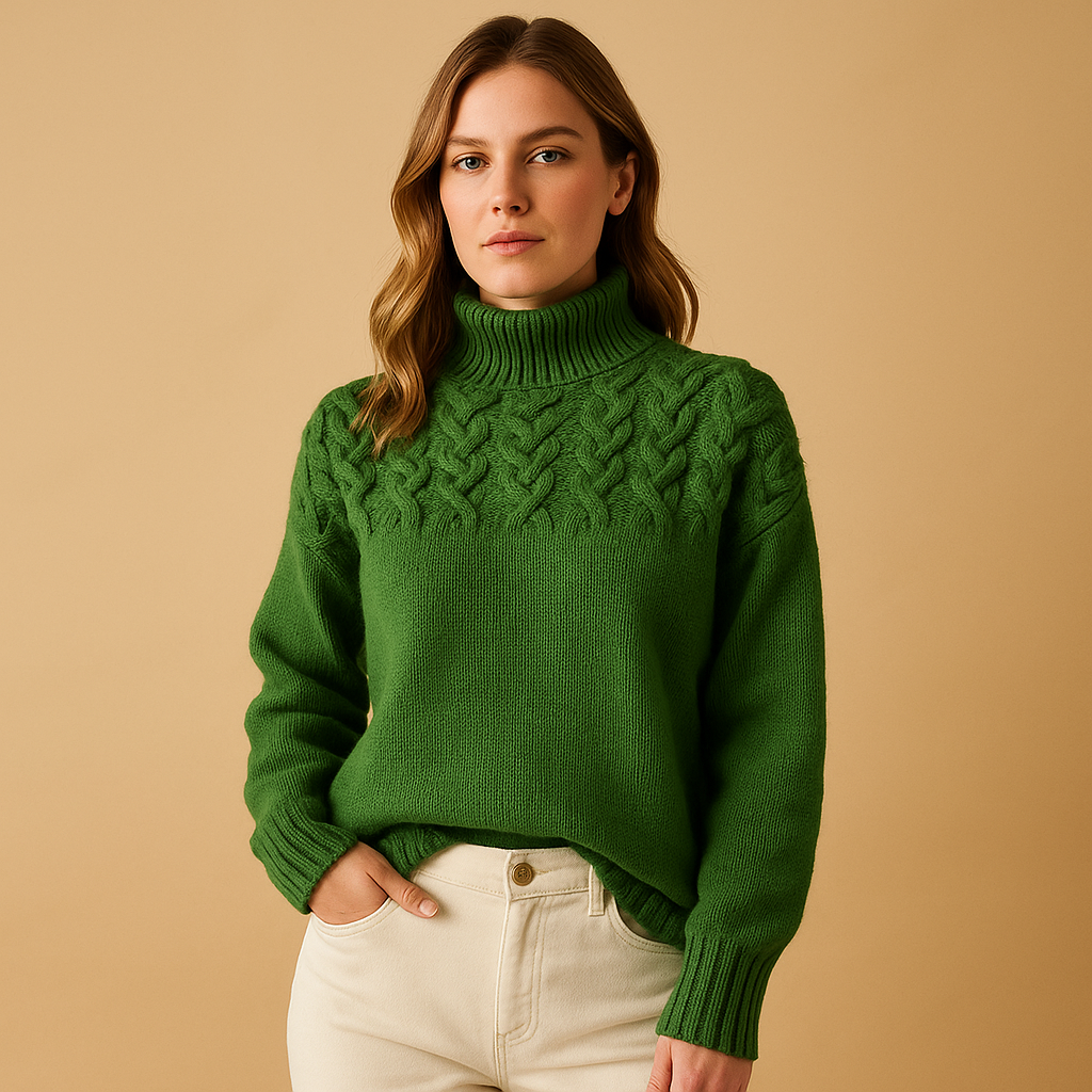 Women’s long knitted turtleneck sweater with flattering fit and soft cozy design, perfect for casual or elegant autumn and winter outfits.