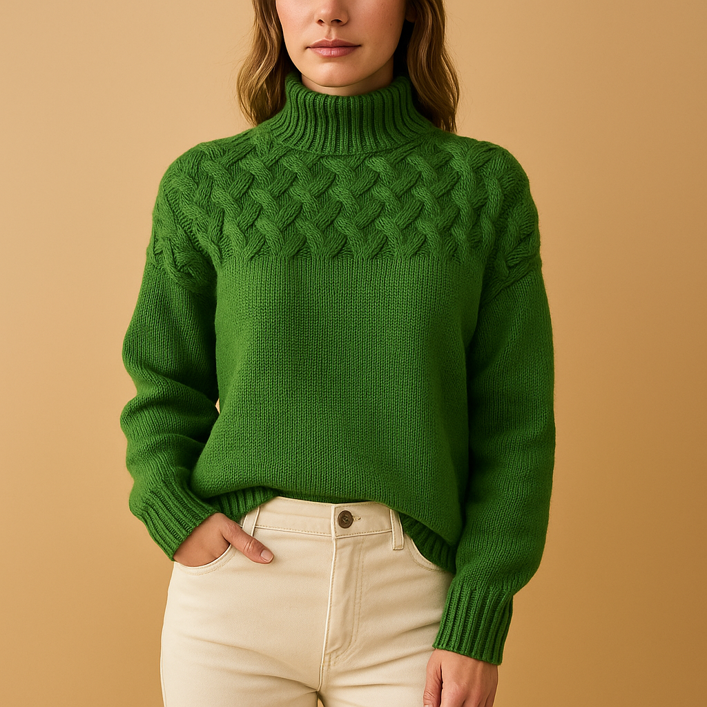Women’s long knitted turtleneck sweater in pink, green, and blue with soft breathable fabric and extended silhouette, perfect for winter layering.