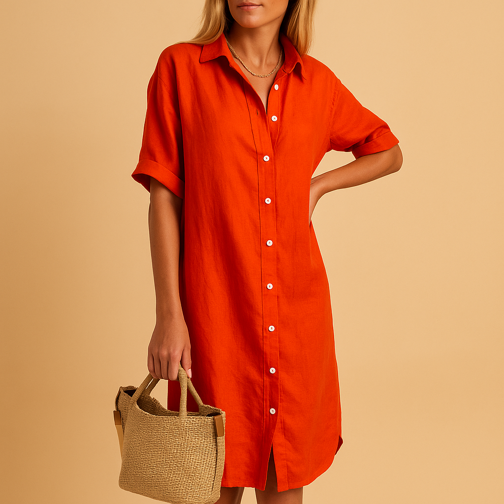 Women’s long shirt dress with short sleeves and relaxed fit, available in multiple colors. Perfect for casual days, office wear, or summer parties.