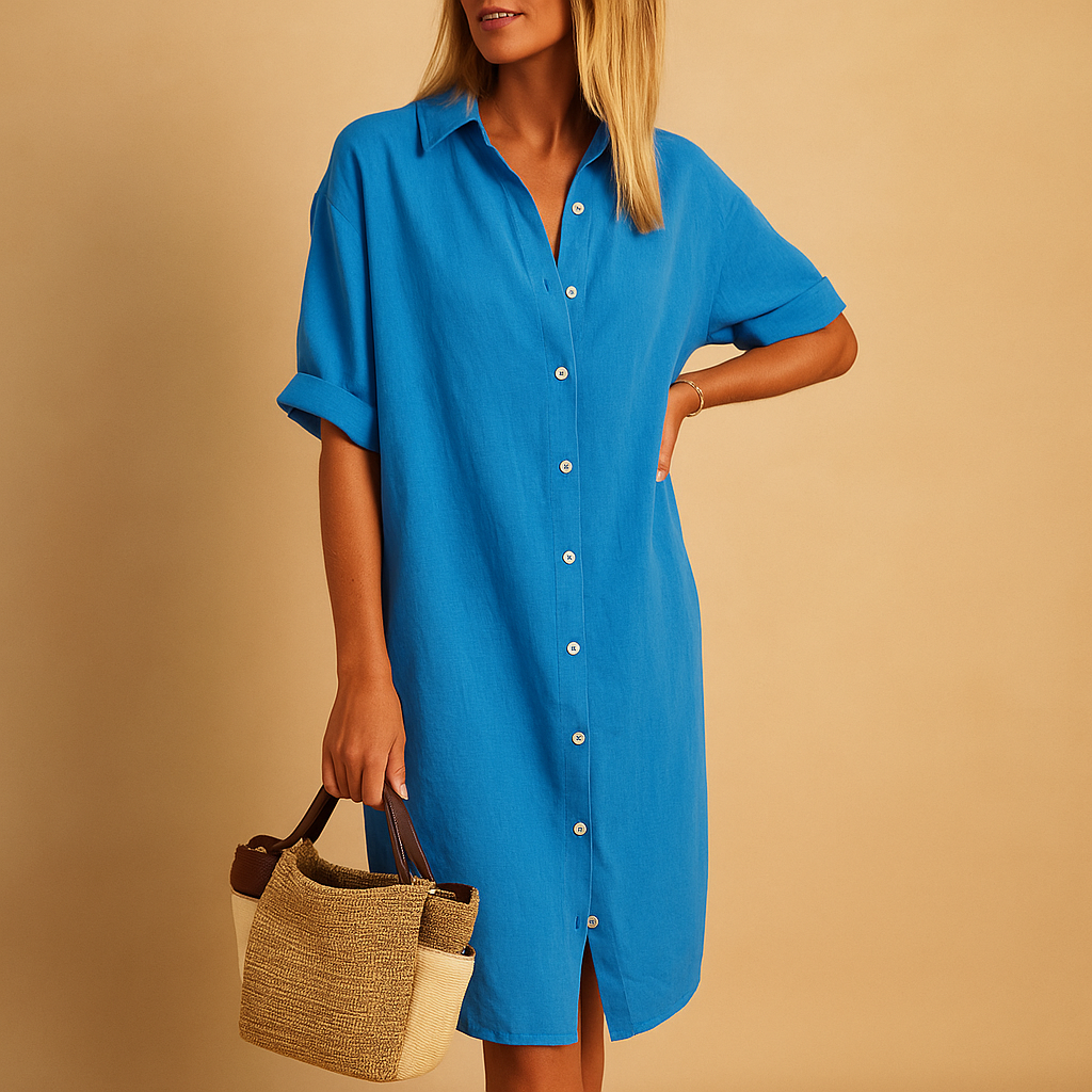 Women’s long shirt dress with short sleeves and relaxed fit, available in multiple colors. Perfect for casual days, office wear, or summer parties.