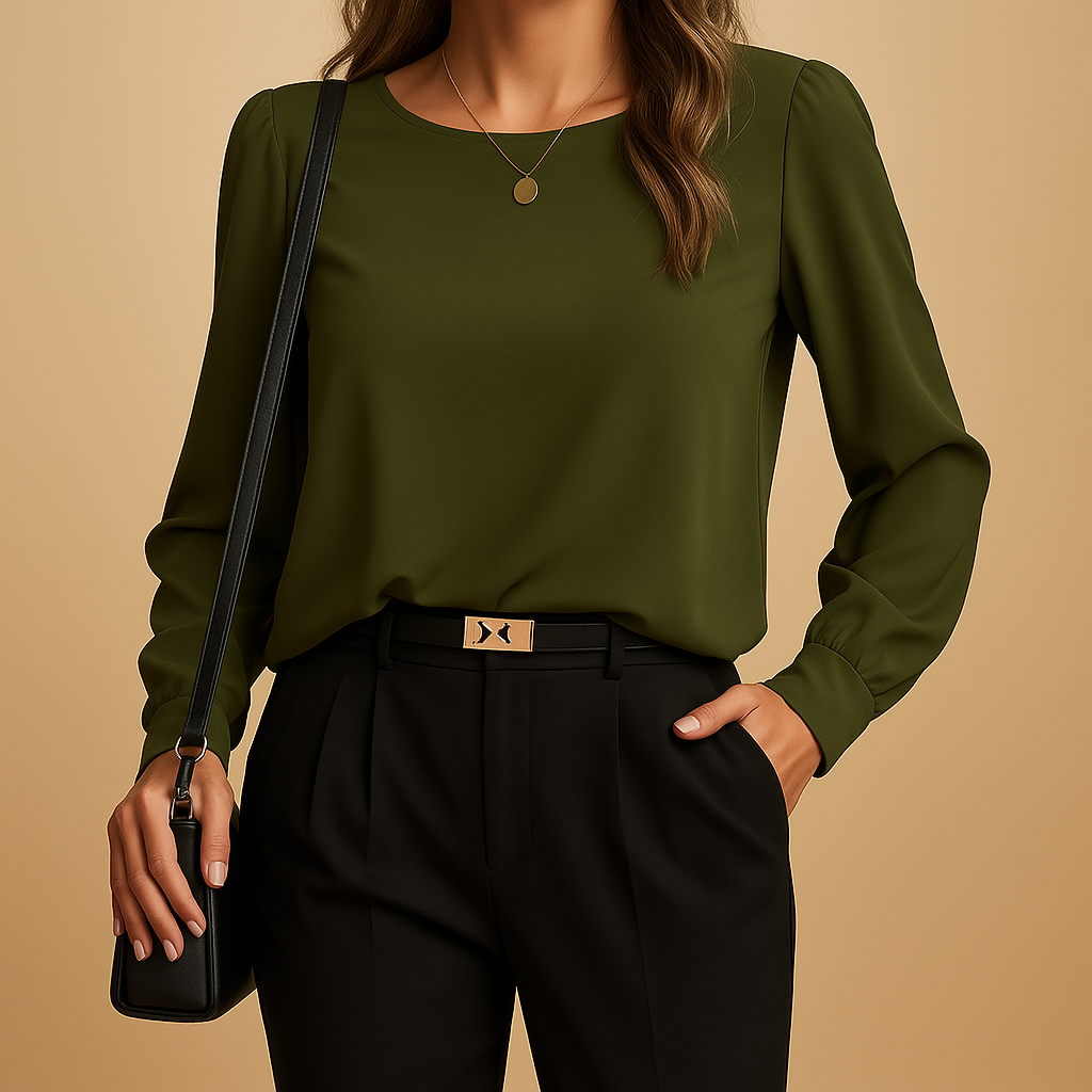 Elegant long sleeve classic blouse for women in soft autumn tones, perfect for work, casual days, and formal occasions.