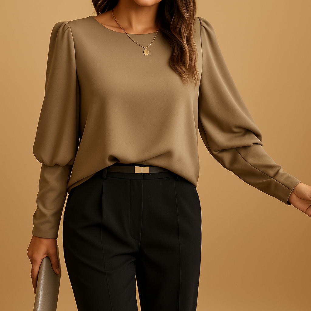 Elegant long sleeve classic blouse for women in soft autumn tones, perfect for work, casual days, and formal occasions.