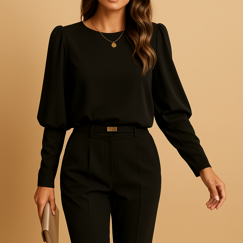 Elegant long sleeve classic blouse for women in soft autumn tones, perfect for work, casual days, and formal occasions.