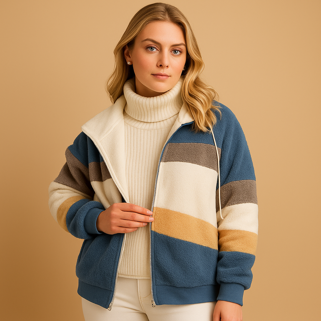 Long plush winter coat for women in warm neutral colors, offering cozy comfort and elegant style for cold days.