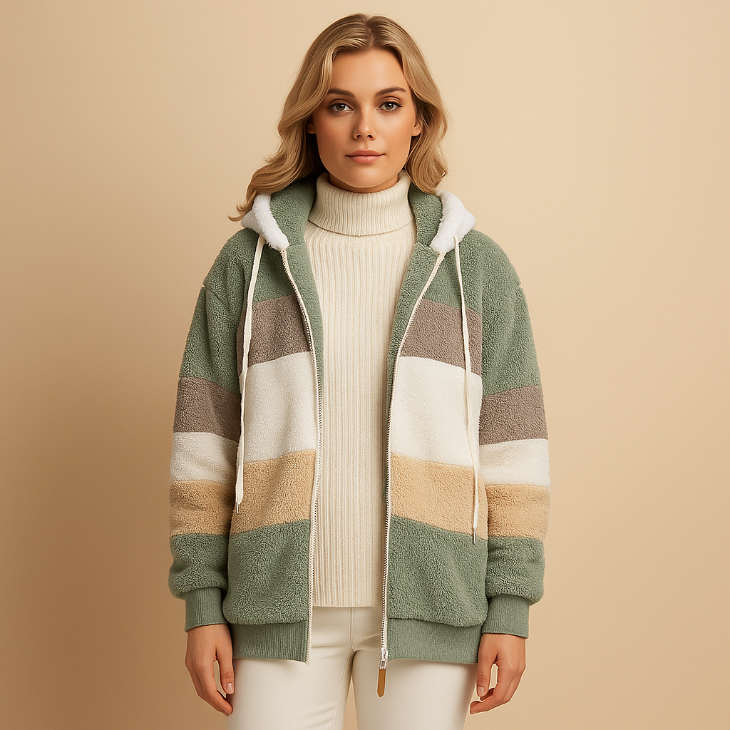 Long plush winter coat for women in warm neutral colors, offering cozy comfort and elegant style for cold days.