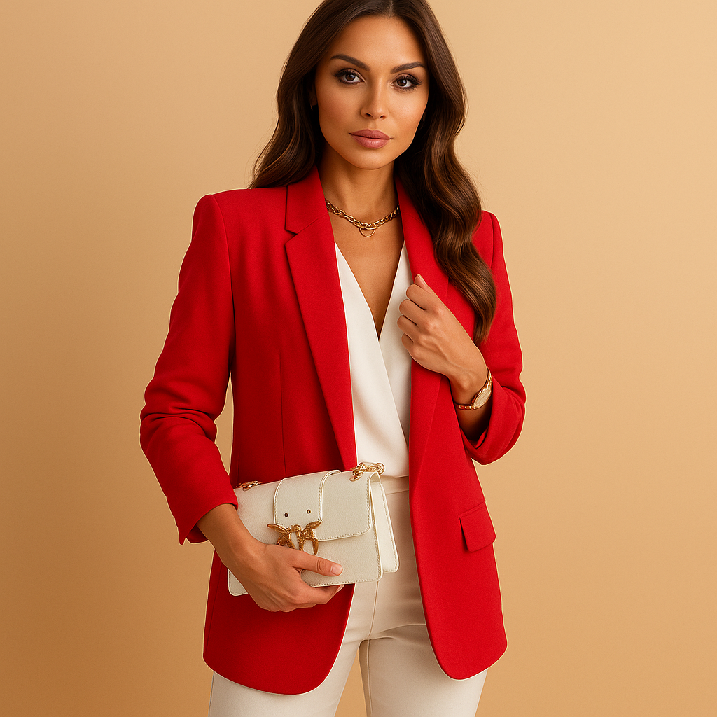 Long structured blazer for women with classic lapels, available in timeless colors, ideal for business outfits and formal events.