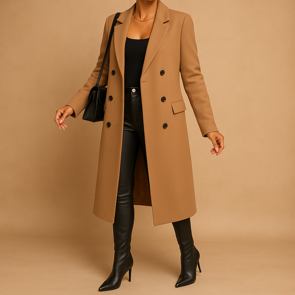 Women’s long winter coat with slim tailored cut, soft inner lining, and modern design. Available in pink, beige, gray, black, army green, and brown.