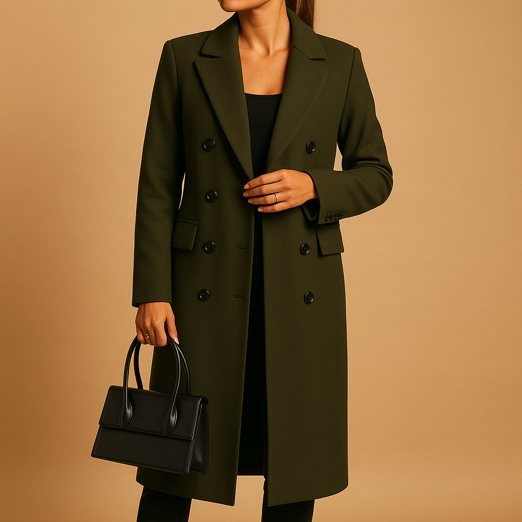 Women’s long winter coat with slim tailored cut, soft inner lining, and modern design. Available in pink, beige, gray, black, army green, and brown.