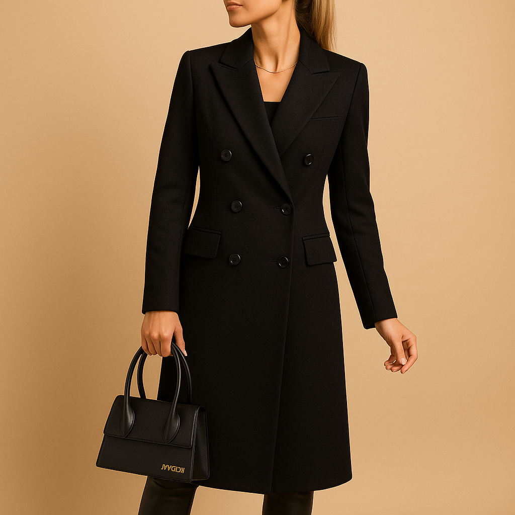 Women’s long winter coat with slim tailored cut, soft inner lining, and modern design. Available in pink, beige, gray, black, army green, and brown.
