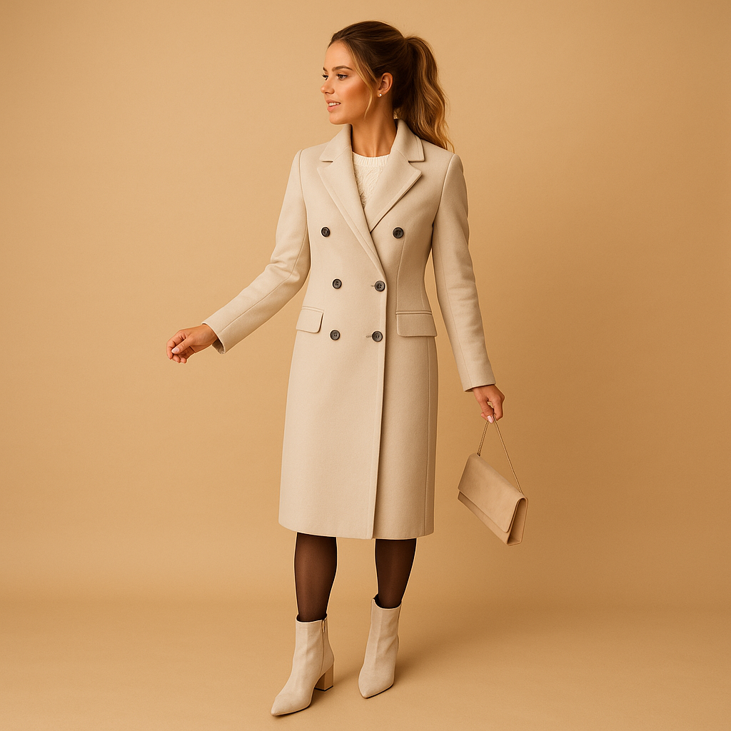 Women’s long winter coat with slim tailored cut, soft inner lining, and modern design. Available in pink, beige, gray, black, army green, and brown.