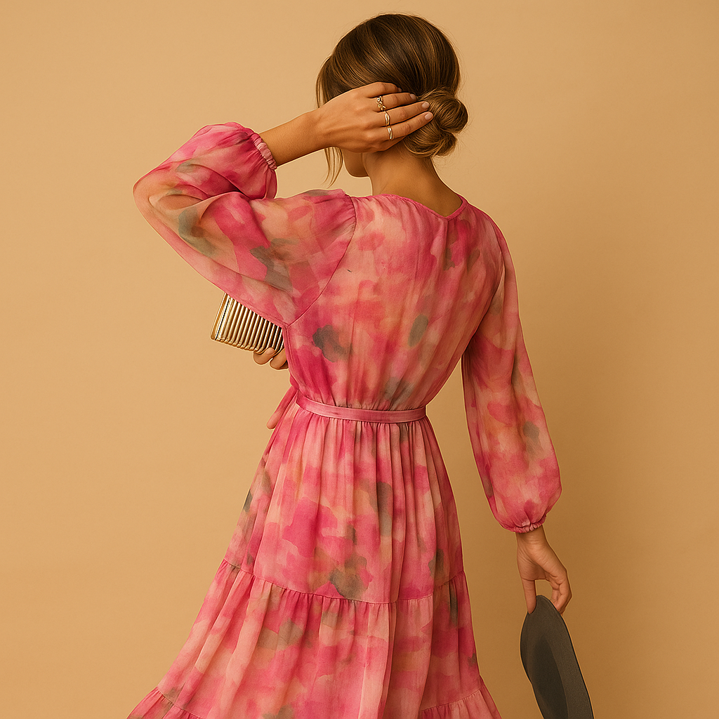 Elegant long summer dress for women with breathable fabric, A-line silhouette, and long sleeves, ideal for casual and semi-formal occasions.