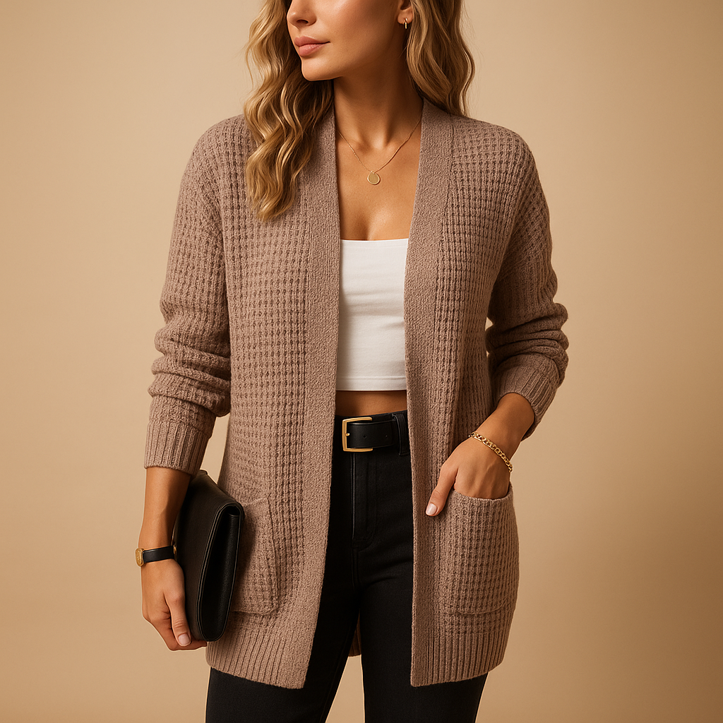Women’s long V-neck cardigan with relaxed fit, breathable soft fabric, and solid colors. Ideal for work, casual wear, or winter layering.