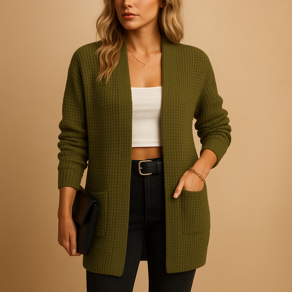 Women’s long V-neck cardigan with relaxed fit, breathable soft fabric, and solid colors. Ideal for work, casual wear, or winter layering.