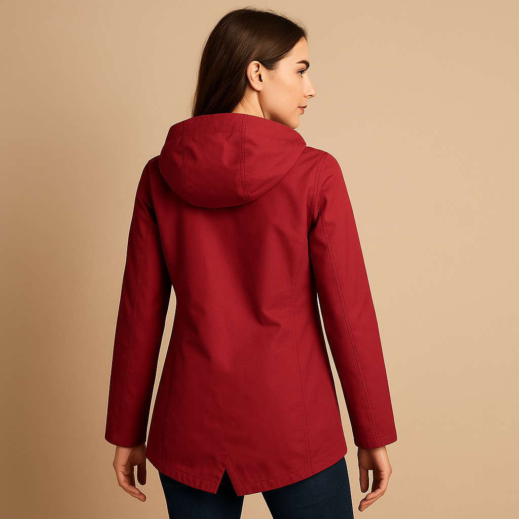 Women’s long waterproof raincoat with hood, breathable fabric, and stylish design. Ideal for commuting, walks, and everyday use on rainy days.