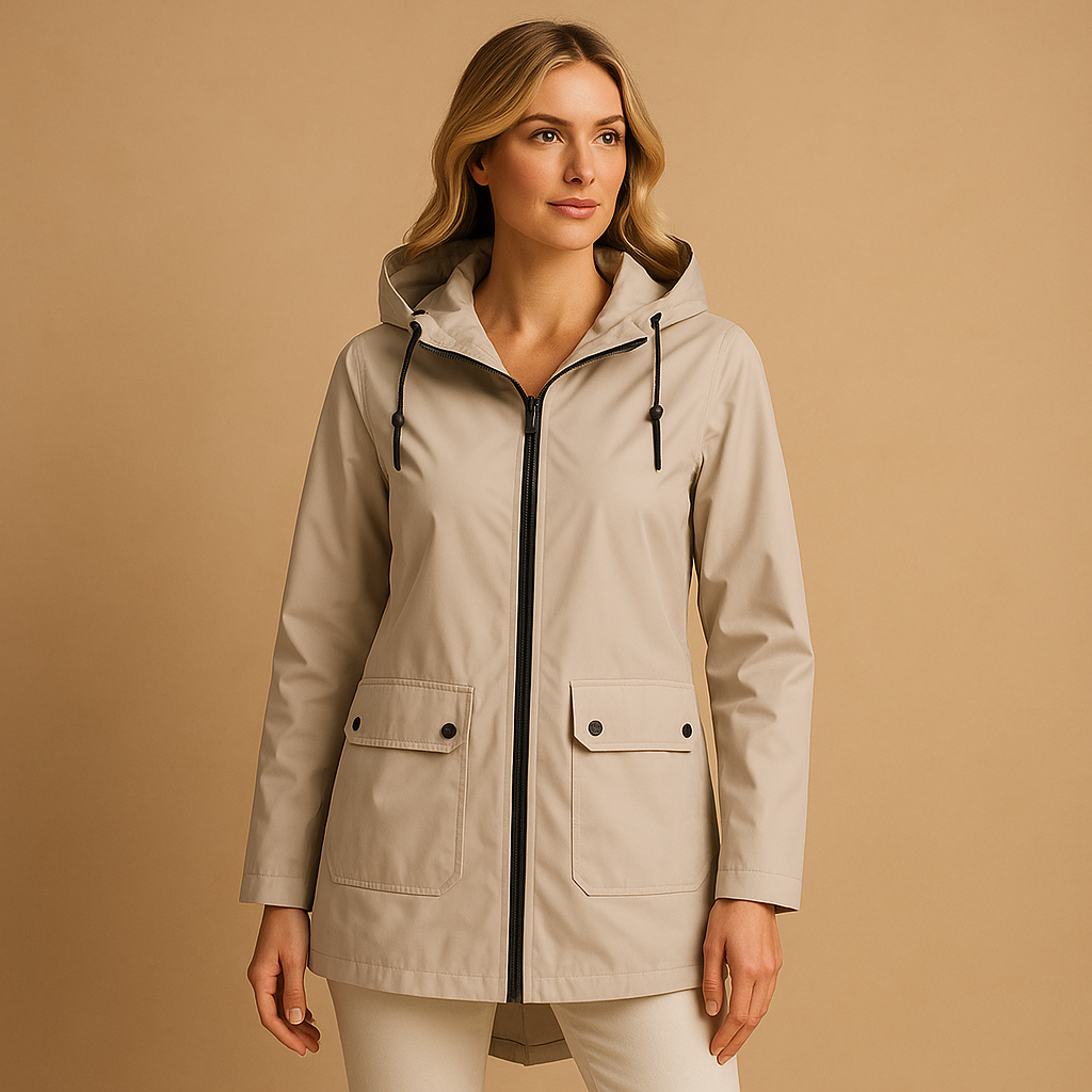 Women’s long waterproof raincoat with hood, breathable fabric, and stylish design. Ideal for commuting, walks, and everyday use on rainy days.