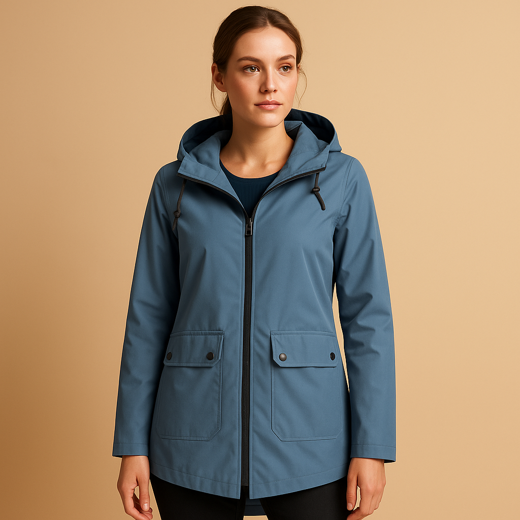 Women’s long waterproof raincoat with hood, breathable fabric, and stylish design. Ideal for commuting, walks, and everyday use on rainy days.