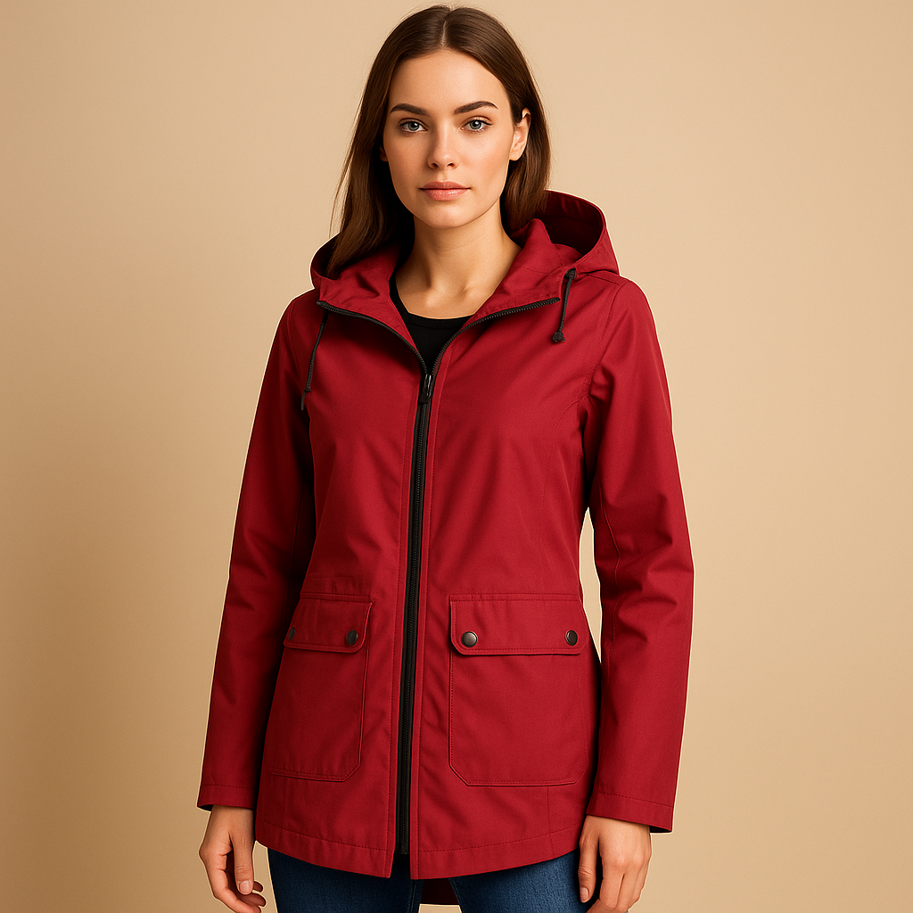 Women’s long waterproof raincoat with hood, breathable fabric, and stylish design. Ideal for commuting, walks, and everyday use on rainy days.