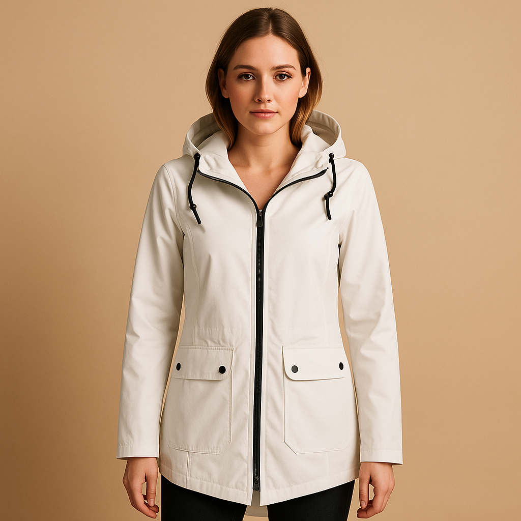 Women’s long waterproof raincoat with hood, breathable fabric, and stylish design. Ideal for commuting, walks, and everyday use on rainy days.