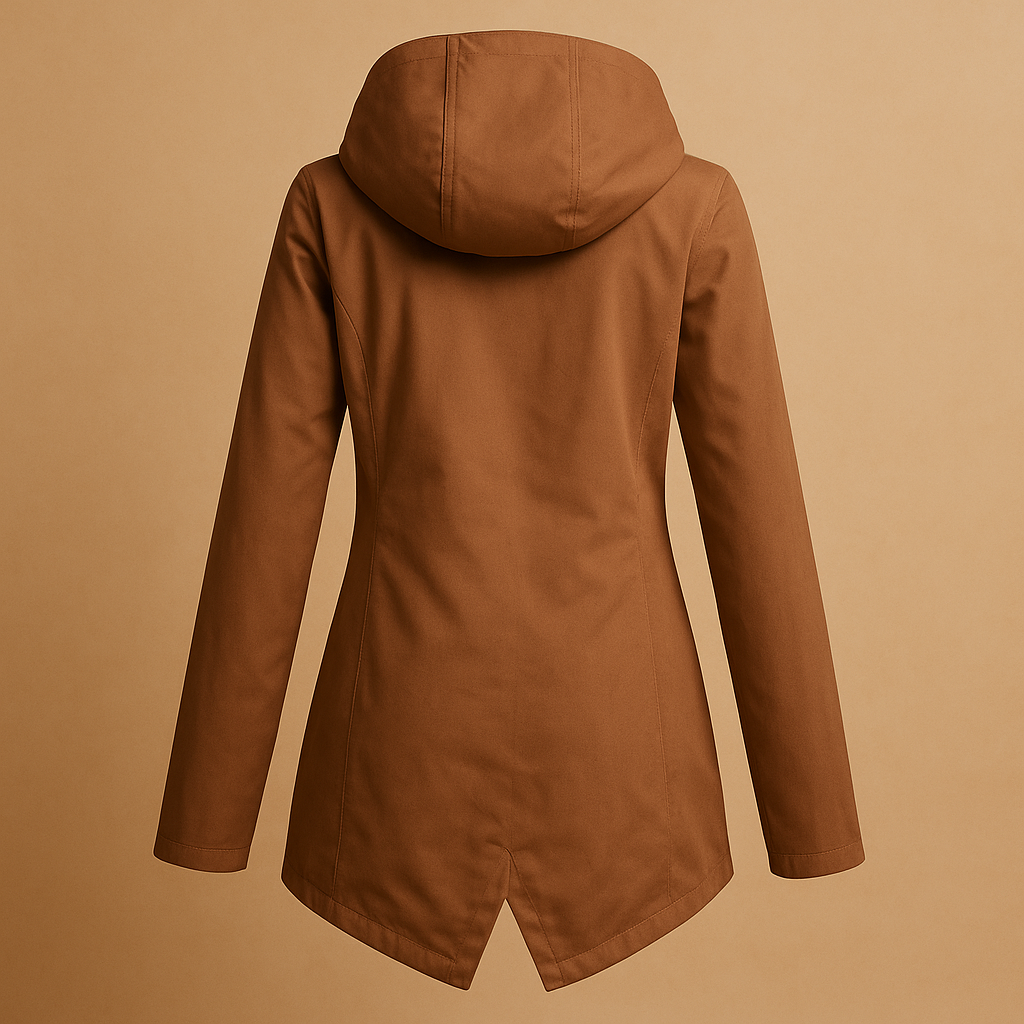 Women’s long waterproof raincoat with hood, breathable fabric, and stylish design. Ideal for commuting, walks, and everyday use on rainy days.