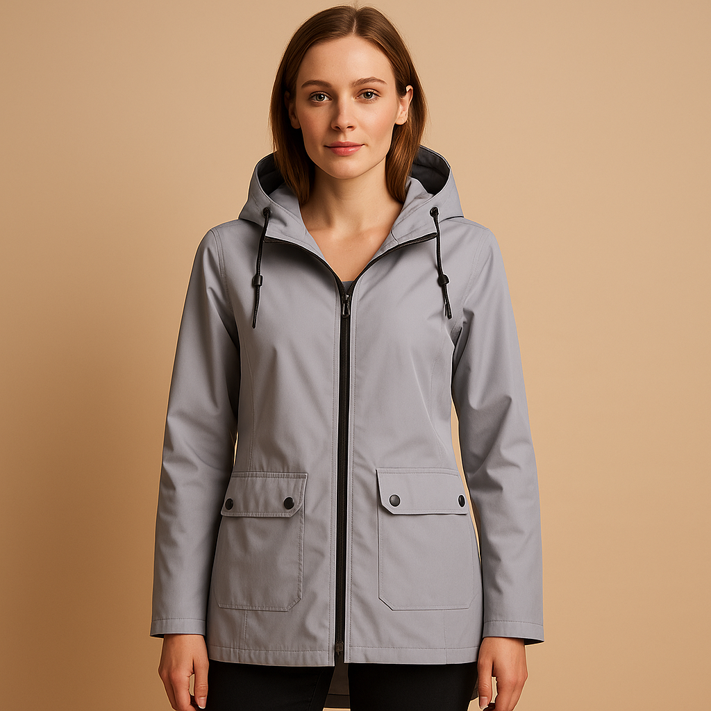 Women’s long waterproof raincoat with hood, breathable fabric, and stylish design. Ideal for commuting, walks, and everyday use on rainy days.