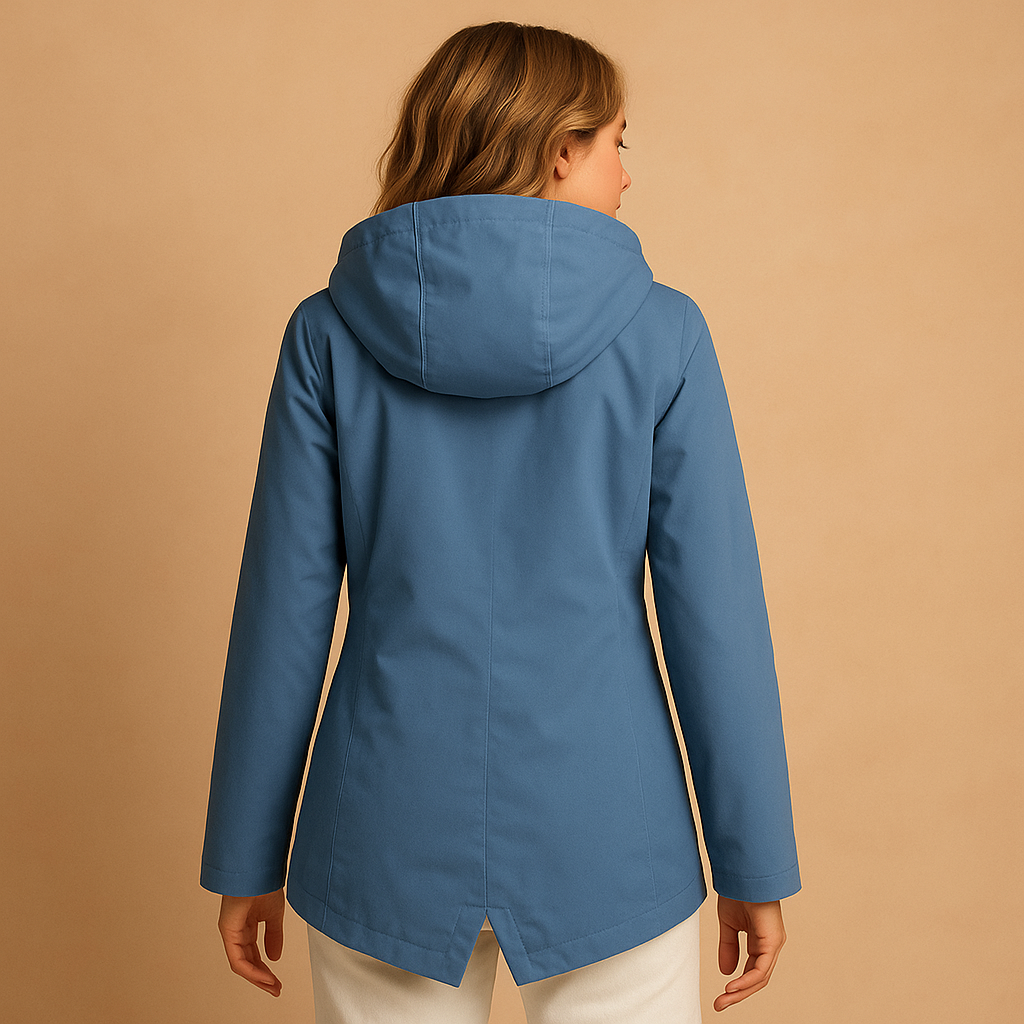 Women’s long waterproof raincoat with hood, breathable fabric, and stylish design. Ideal for commuting, walks, and everyday use on rainy days.