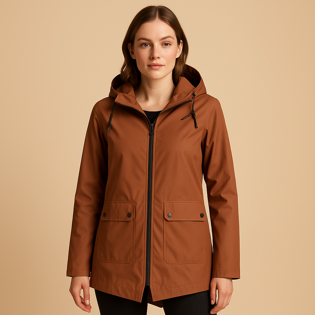 Women’s long waterproof raincoat with hood, breathable fabric, and stylish design. Ideal for commuting, walks, and everyday use on rainy days.