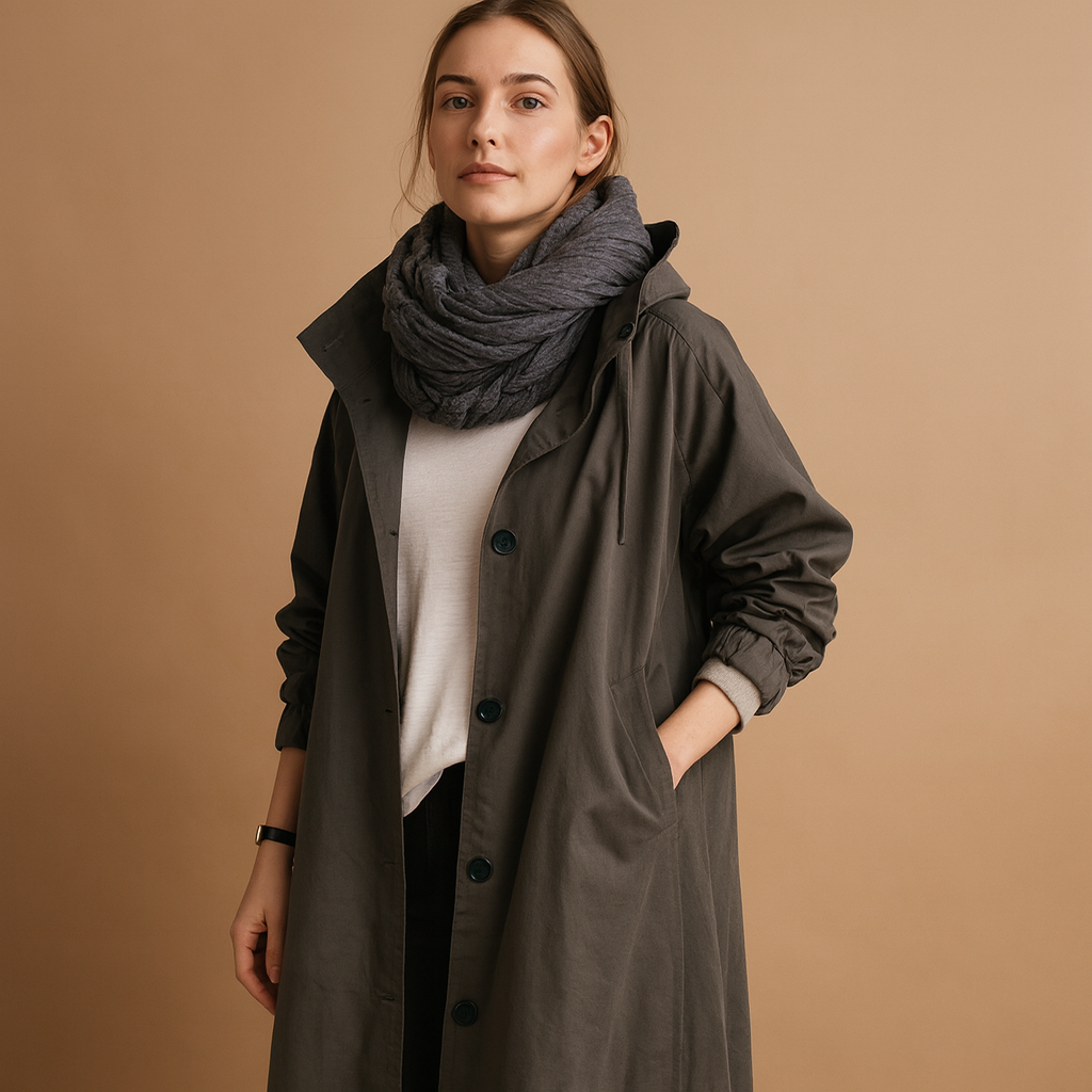 Clara long waterproof raincoat for women with breathable fabric, adjustable waist, removable hood, and belt. Available in Green, Beige, and Black.