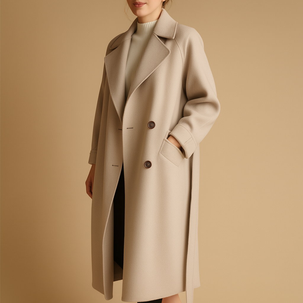 Long winter coat for women with a tailored fit and elegant silhouette, ideal for both casual and formal winter outfits.
