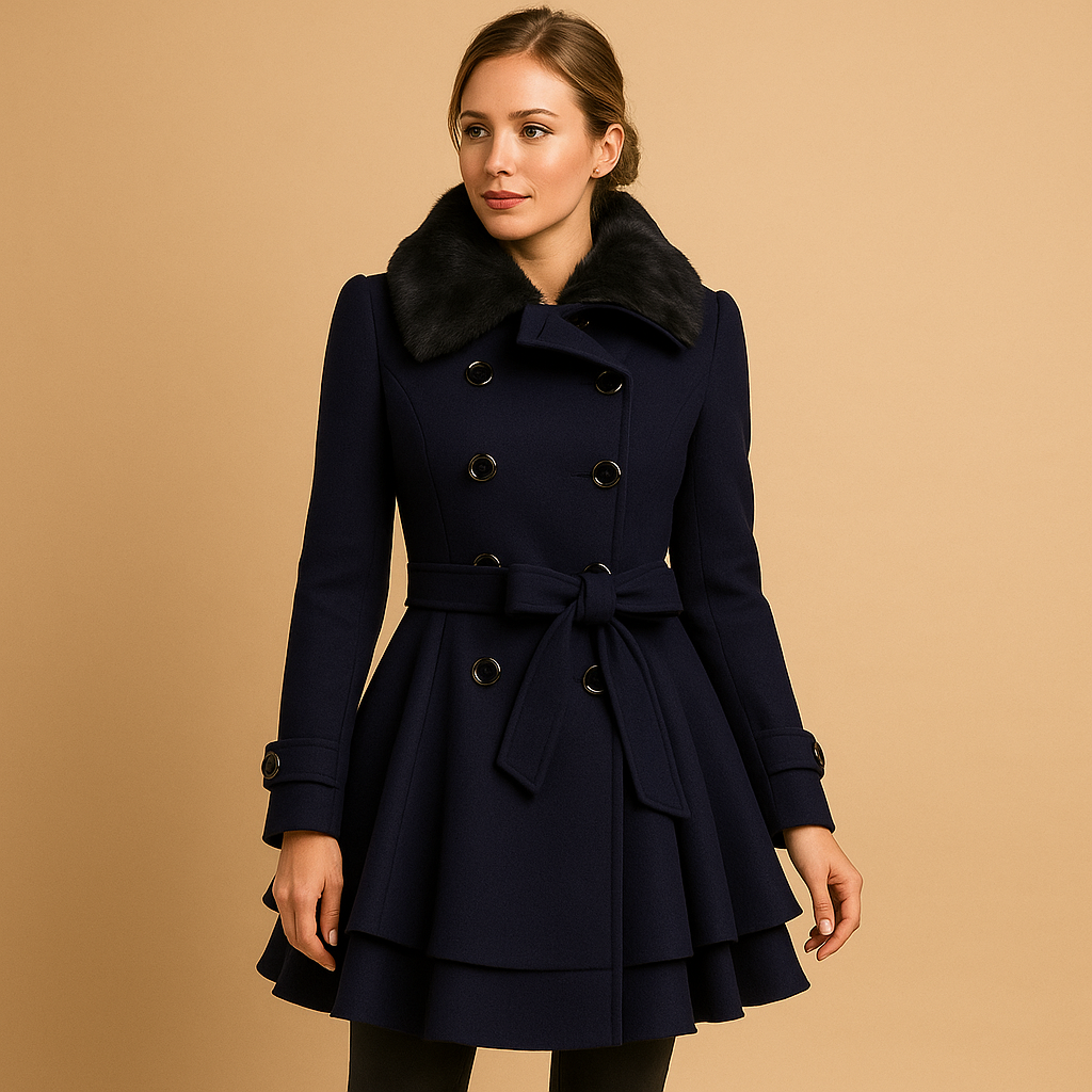 Women’s long winter coat with soft fabric, flattering silhouette, and faux fur collar. Available in black, red, beige, and blue for daily or special occasions.