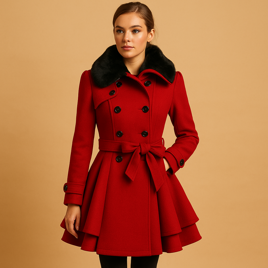 Women’s long winter coat with soft fabric, flattering silhouette, and faux fur collar. Available in black, red, beige, and blue for daily or special occasions.