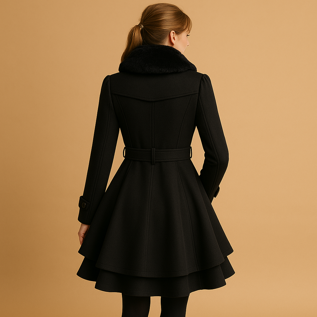 Women’s long winter coat with soft fabric, flattering silhouette, and faux fur collar. Available in black, red, beige, and blue for daily or special occasions.