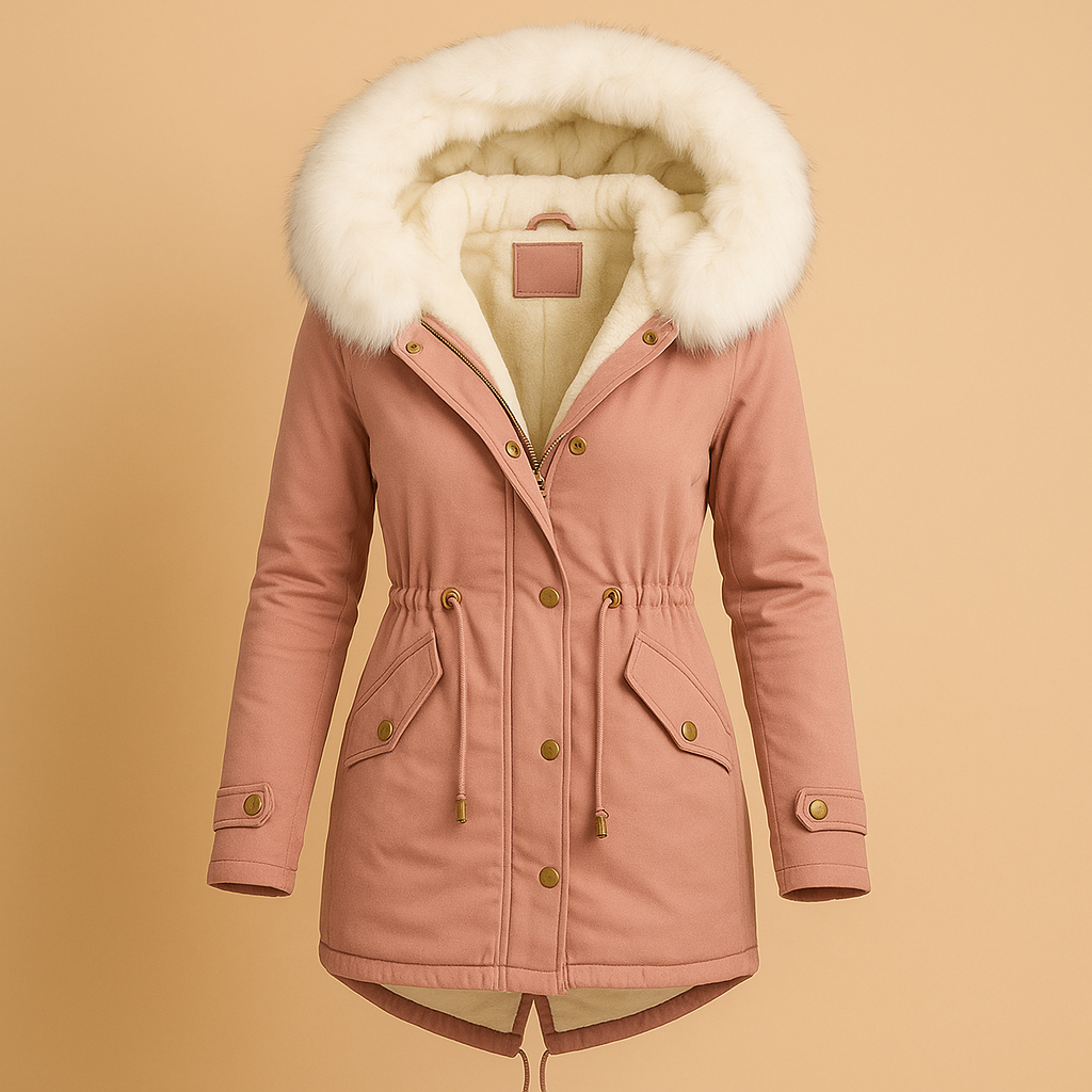 Long winter coat for women with faux fur hood and waterproof lining, designed for warmth, comfort, and elegant winter style.