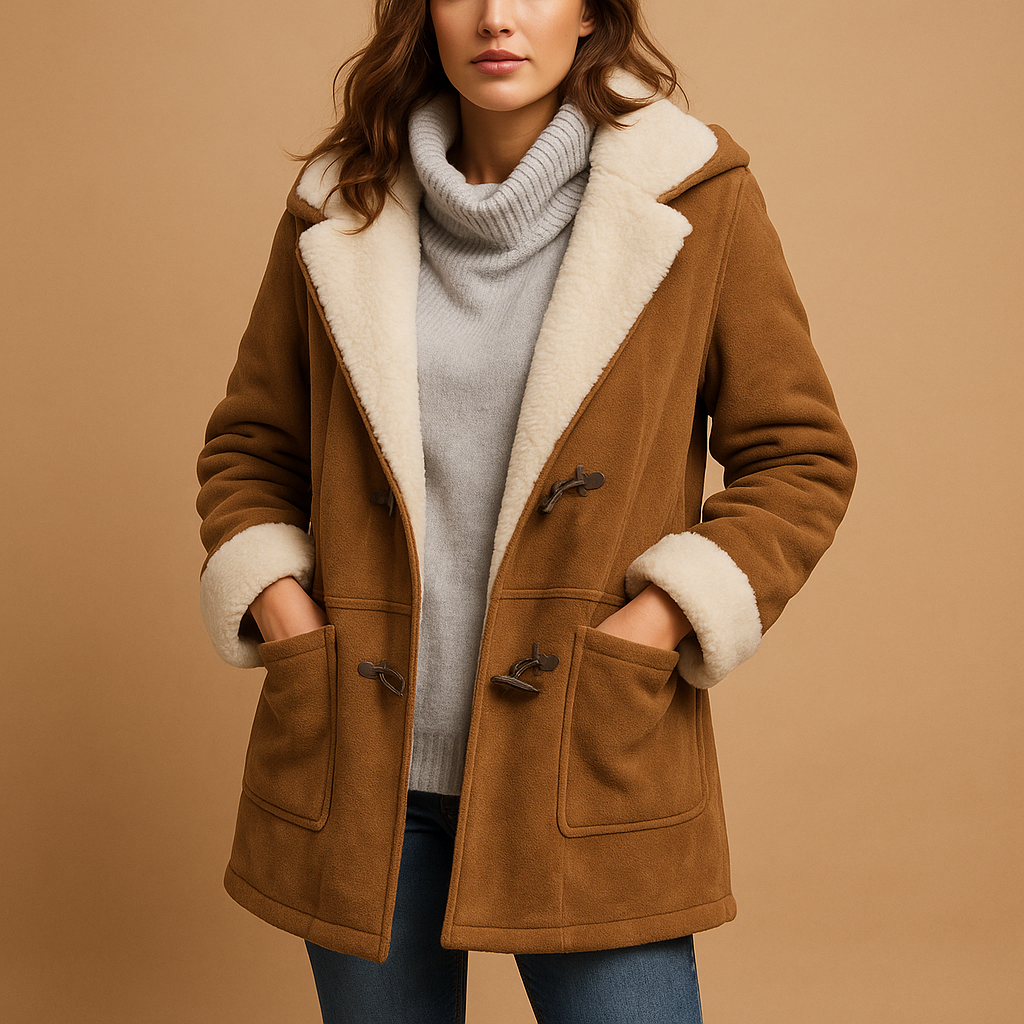Women’s long winter coat with hood in red, black, khaki, army green, or grey. Warm insulating fabric with modern tailored fit for elegant winter style.