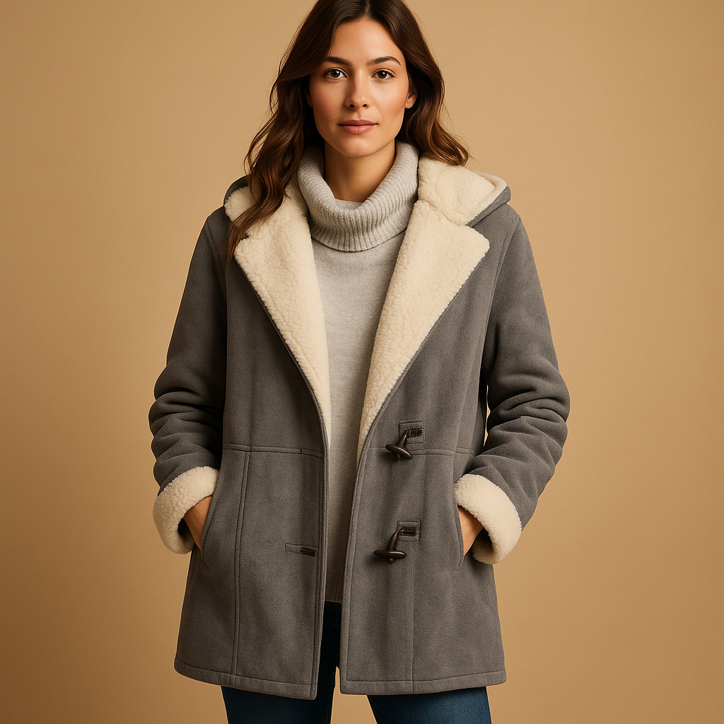 Women’s long winter coat with hood in red, black, khaki, army green, or grey. Warm insulating fabric with modern tailored fit for elegant winter style.
