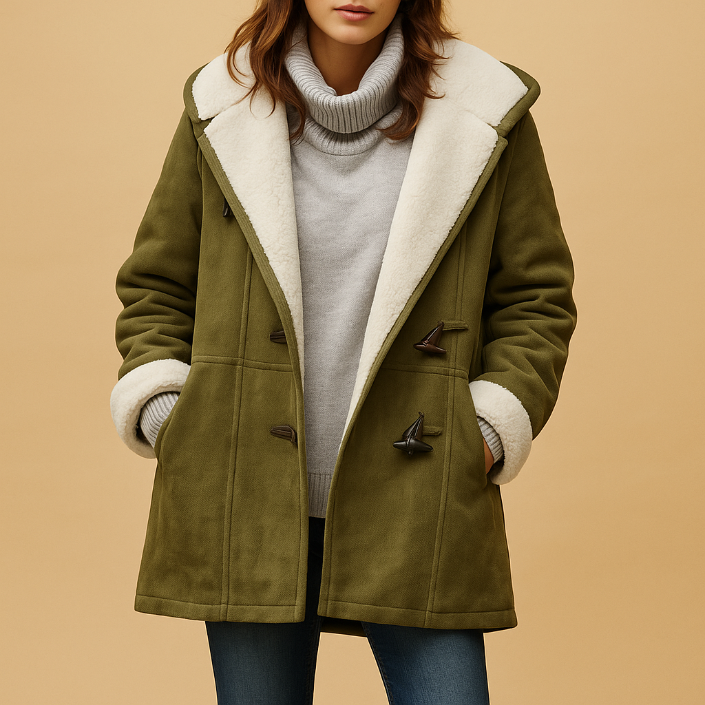 Women’s long winter coat with hood in red, black, khaki, army green, or grey. Warm insulating fabric with modern tailored fit for elegant winter style.