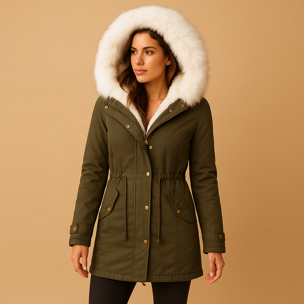 Long winter coat with faux fur hood for women featuring a soft inner lining and water-repellent fabric for warmth and elegance.