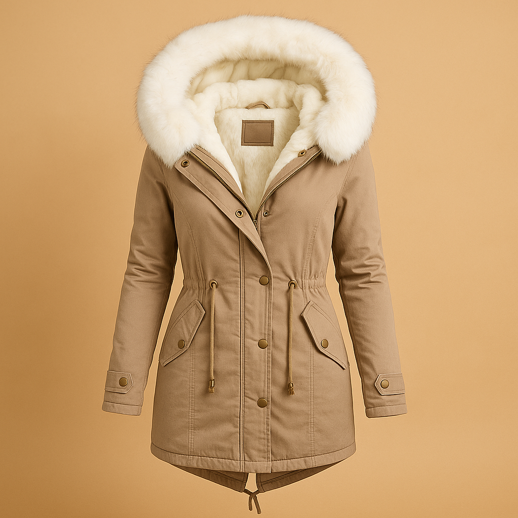 Long winter coat with faux fur hood for women featuring a soft inner lining and water-repellent fabric for warmth and elegance.