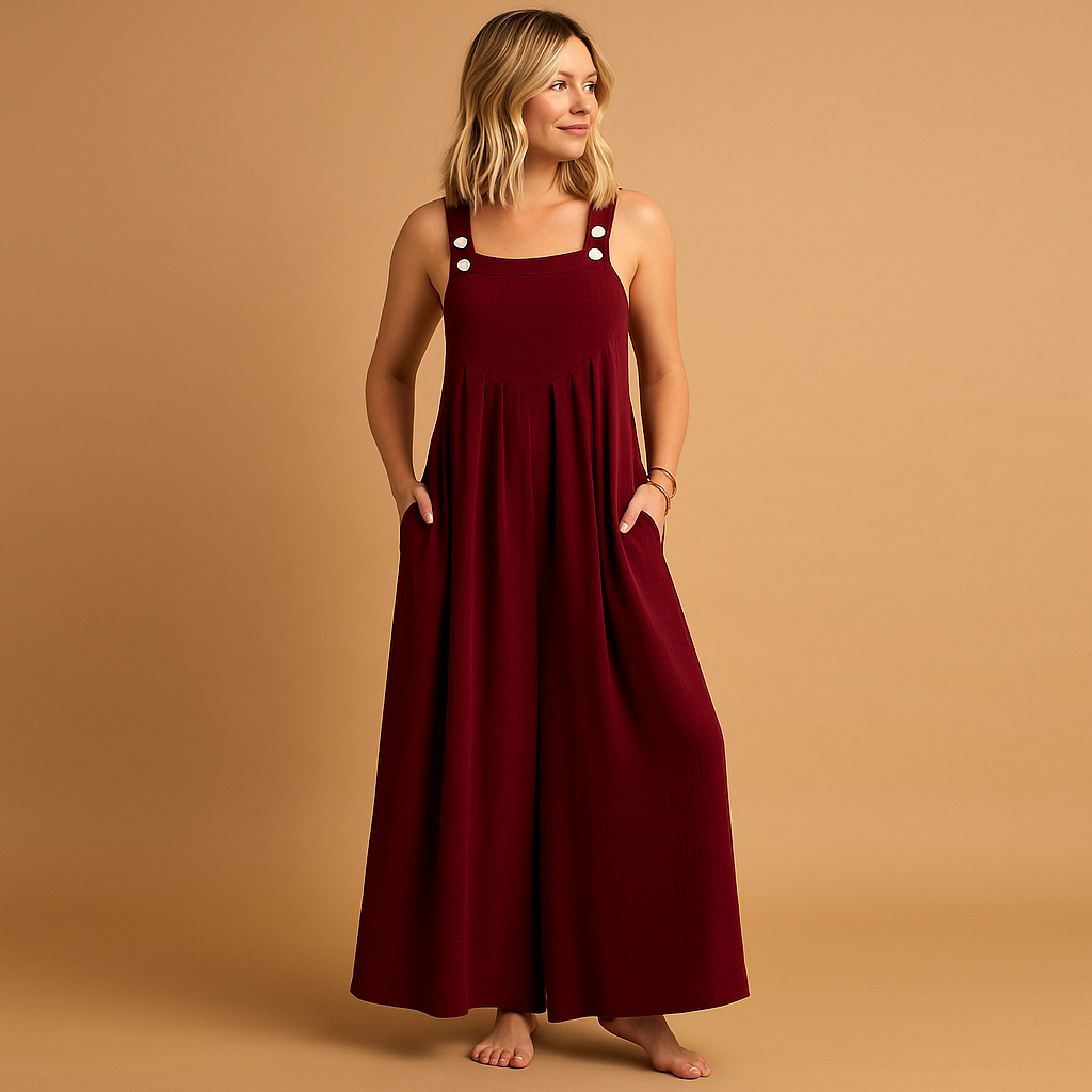 Loose cotton overall for women with adjustable straps and relaxed fit, perfect for summer outings, casual wear, and comfortable days at home.