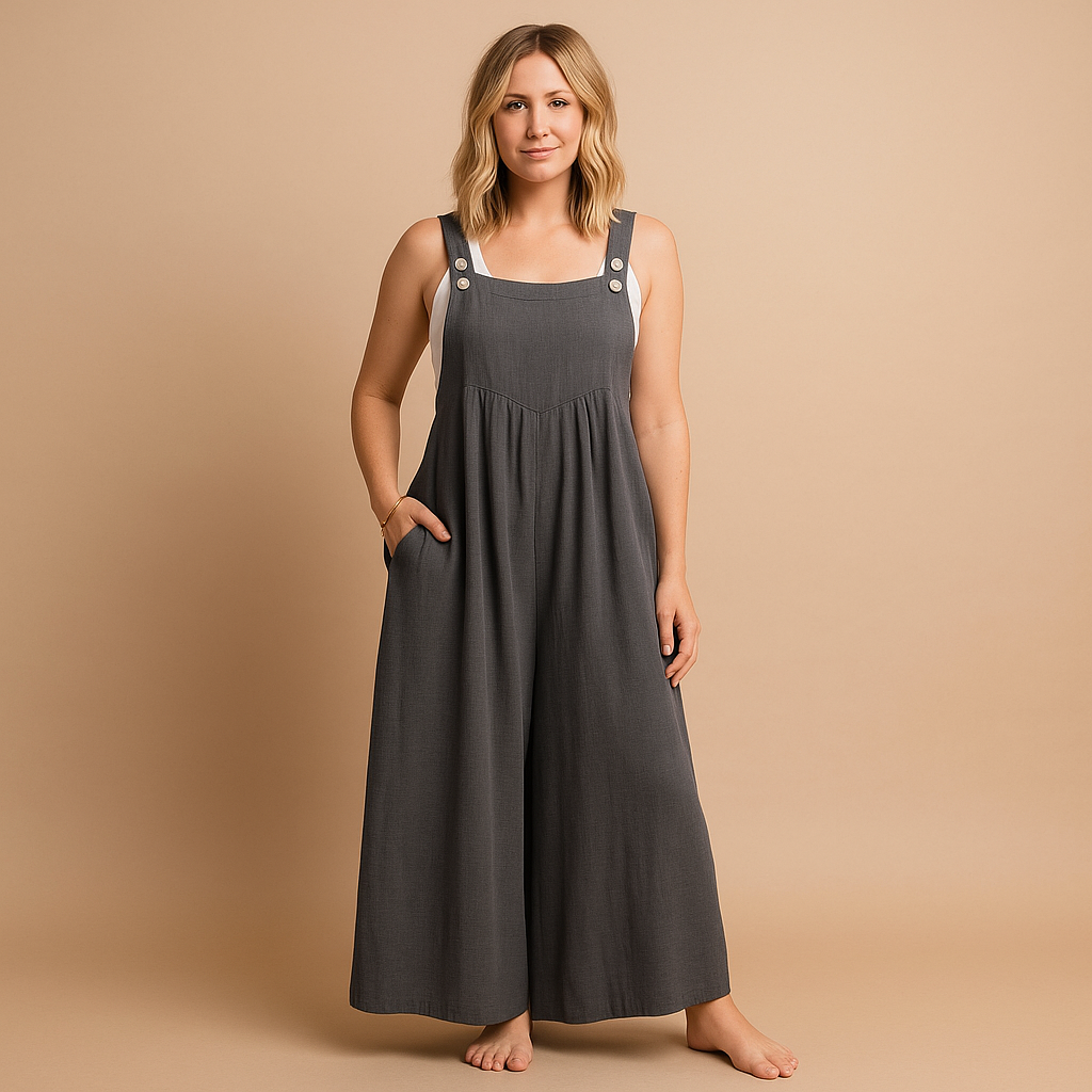 Loose cotton overall for women with adjustable straps and relaxed fit, perfect for summer outings, casual wear, and comfortable days at home.