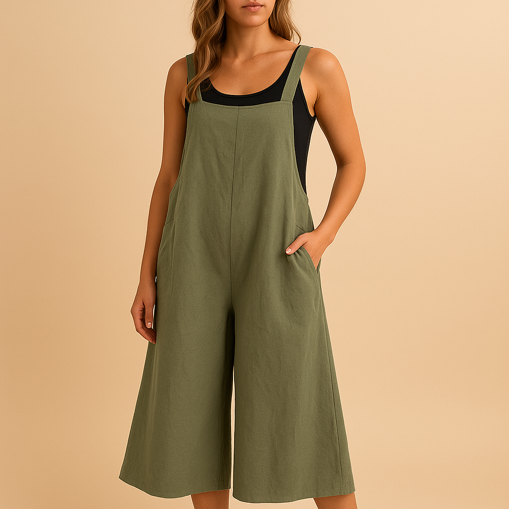 Loose summer jumpsuit for women with wide legs in black, green, and blue tones, perfect for lounging, city walks, and warm summer days.