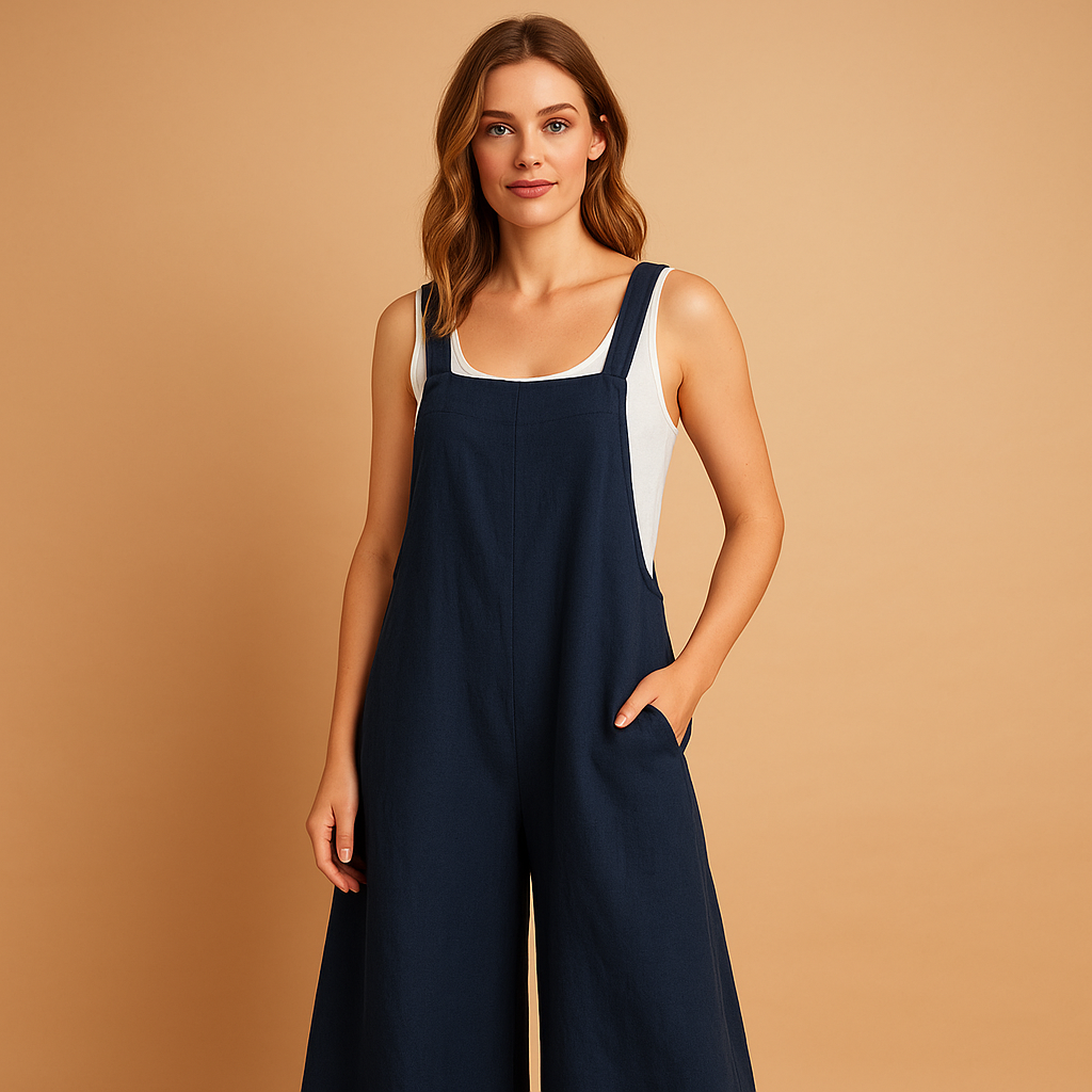 Loose summer jumpsuit for women with wide legs in black, green, and blue tones, perfect for lounging, city walks, and warm summer days.
