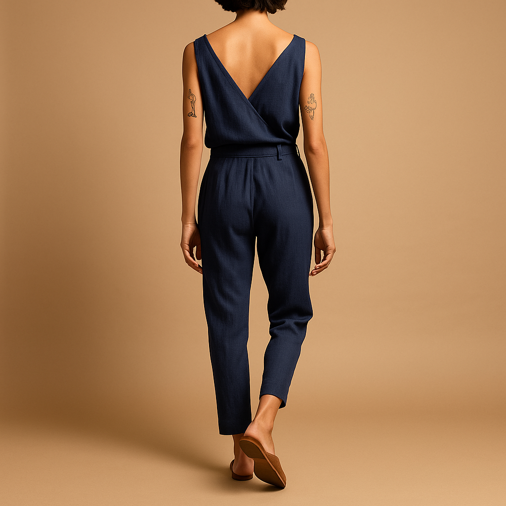 Loose V-neck jumpsuit for women with adjustable waistband and long pant legs, perfect for summer days, beach trips, and casual wear.