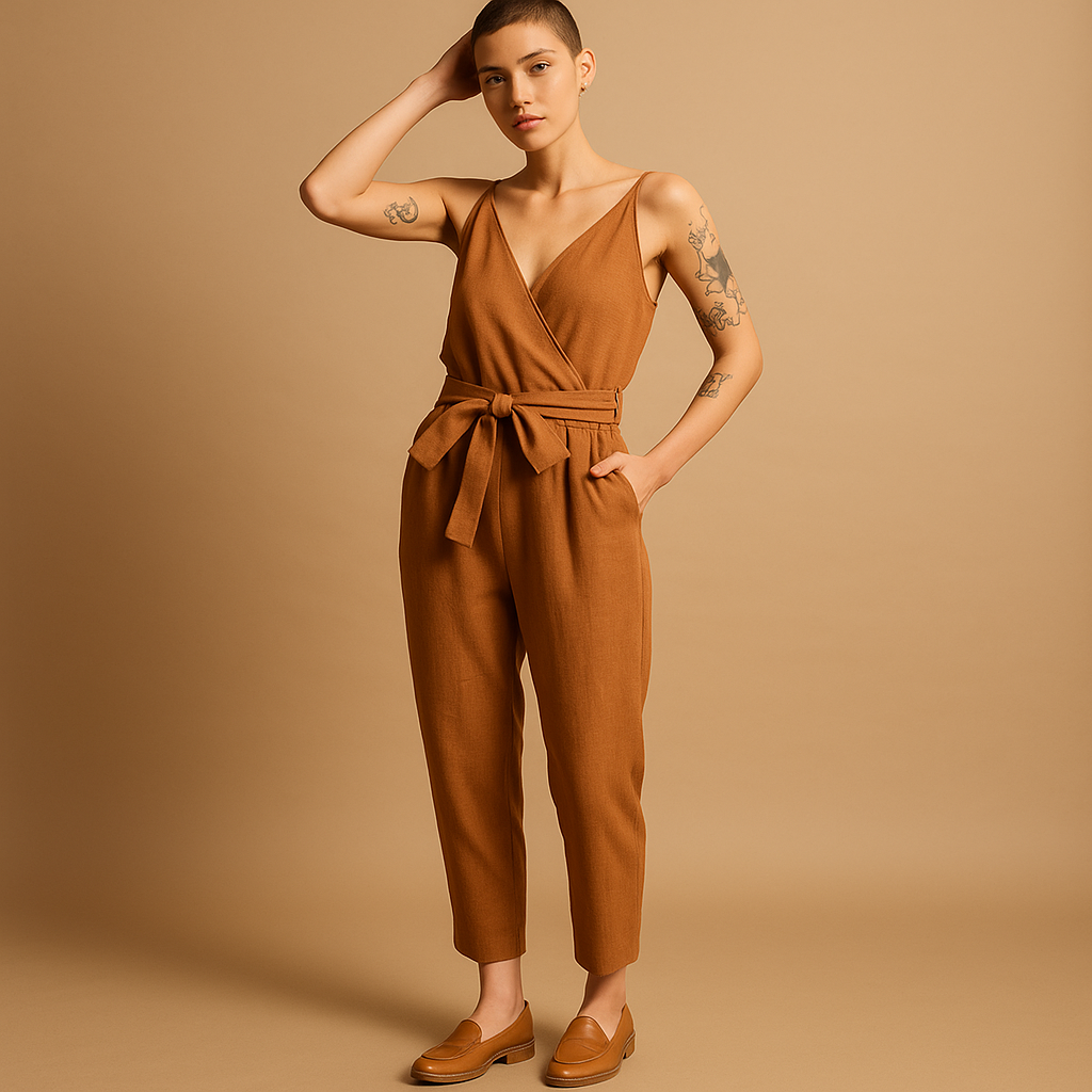 Loose V-neck jumpsuit for women with adjustable waistband and long pant legs, perfect for summer days, beach trips, and casual wear.