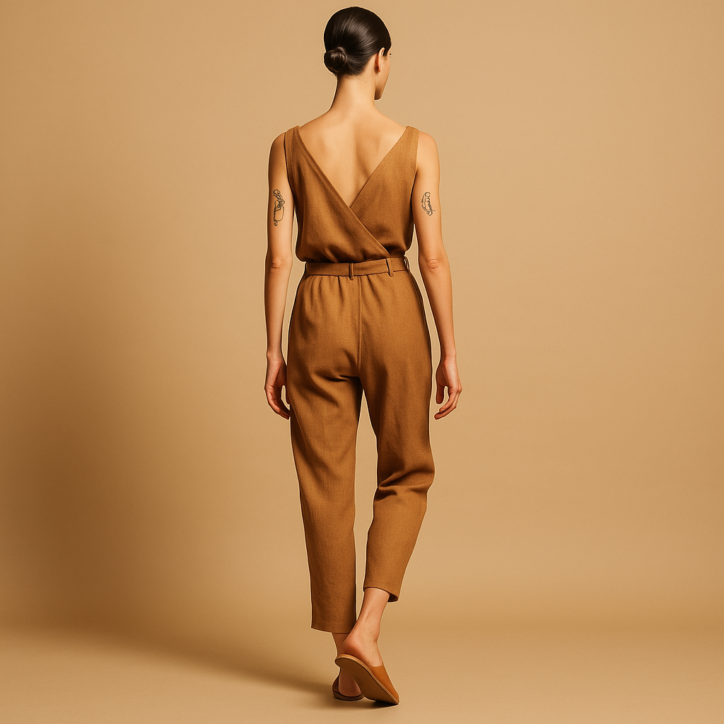 Loose V-neck jumpsuit for women with adjustable waistband and long pant legs, perfect for summer days, beach trips, and casual wear.