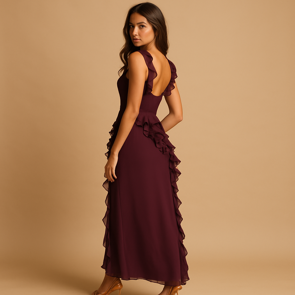 Elegant maxi dress for women with adjustable straps, high slit, and ruffled design, ideal for formal events and stylish summer evenings.