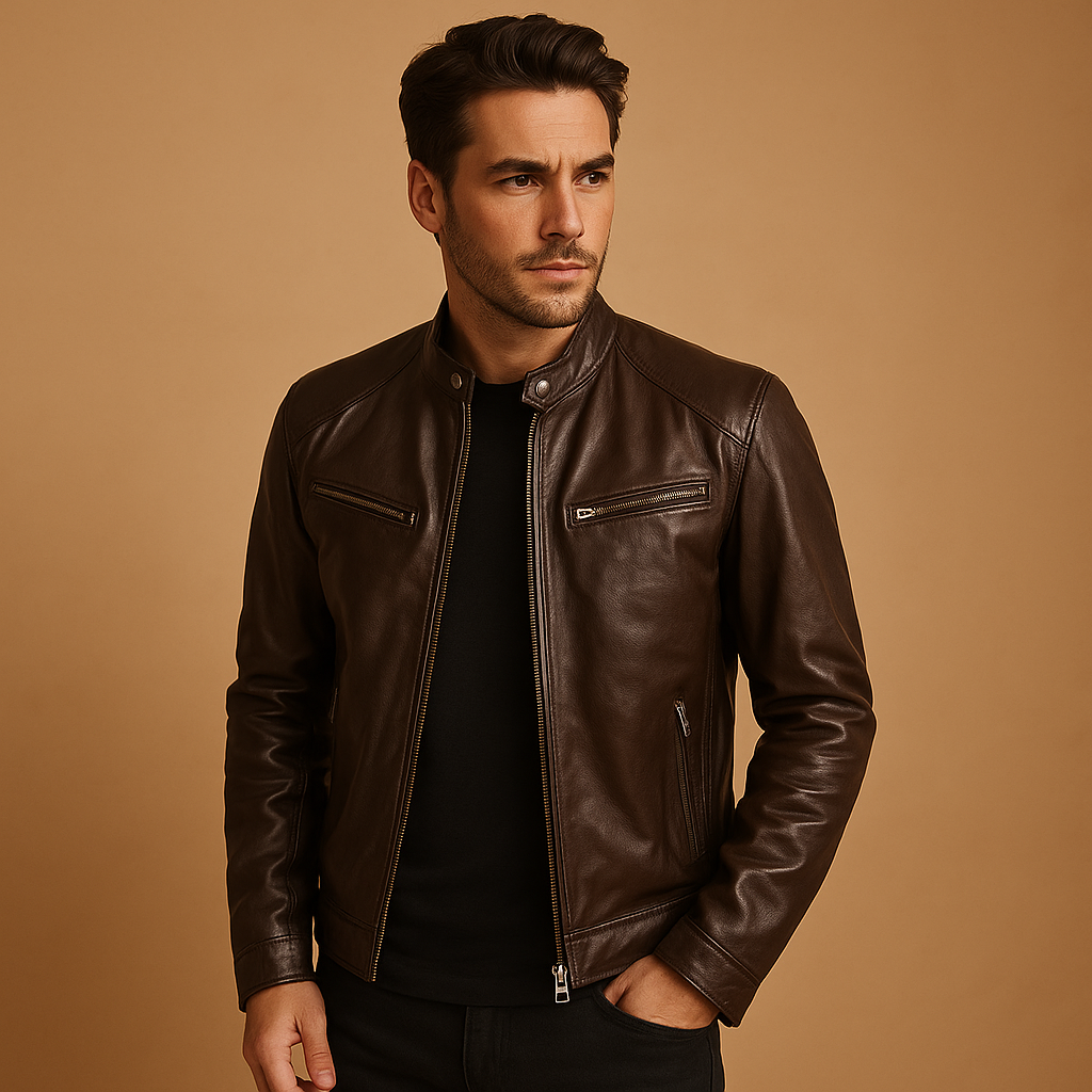 Men’s mid-season jacket with a sleek synthetic finish, ideal for casual or formal wear in transitional seasons.