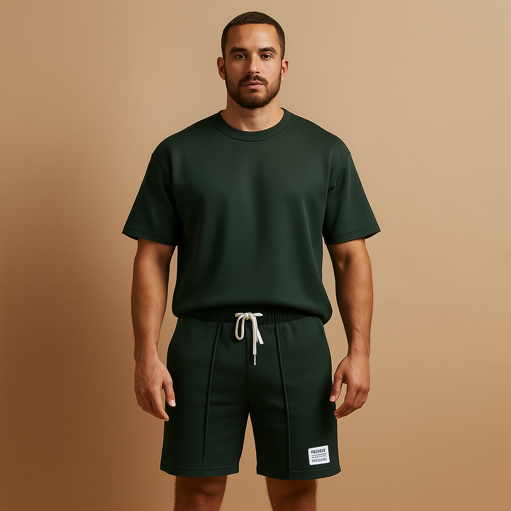 Minimalist summer set for men with matching T-shirt and shorts, ideal for casual wear, lounging, or warm summer days.