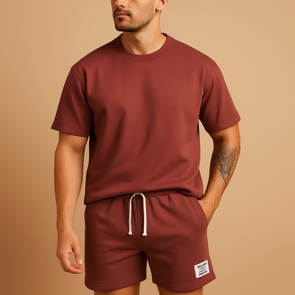 Minimalist summer set for men with matching T-shirt and shorts, ideal for casual wear, lounging, or warm summer days.