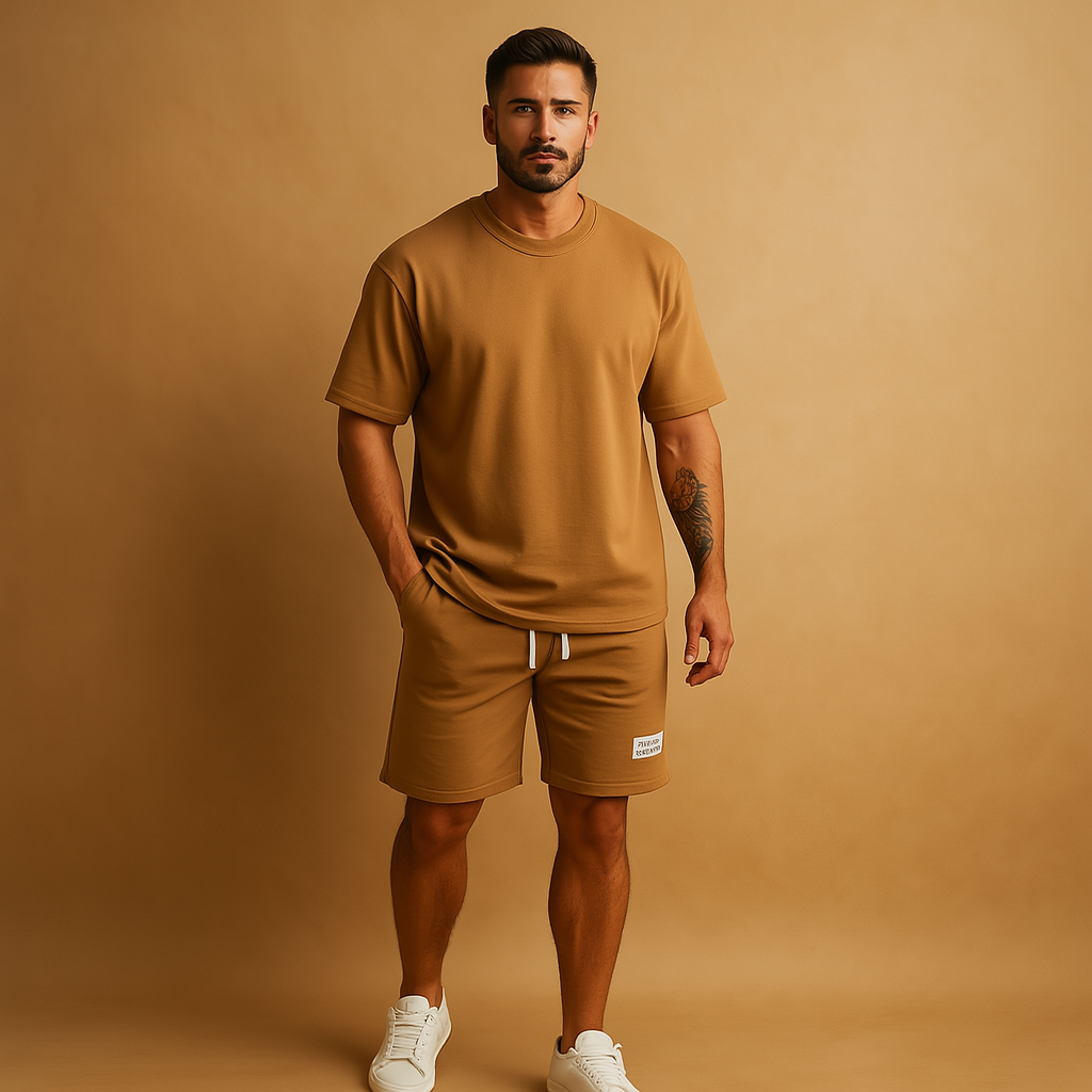 Minimalist summer set for men with matching T-shirt and shorts, ideal for casual wear, lounging, or warm summer days.